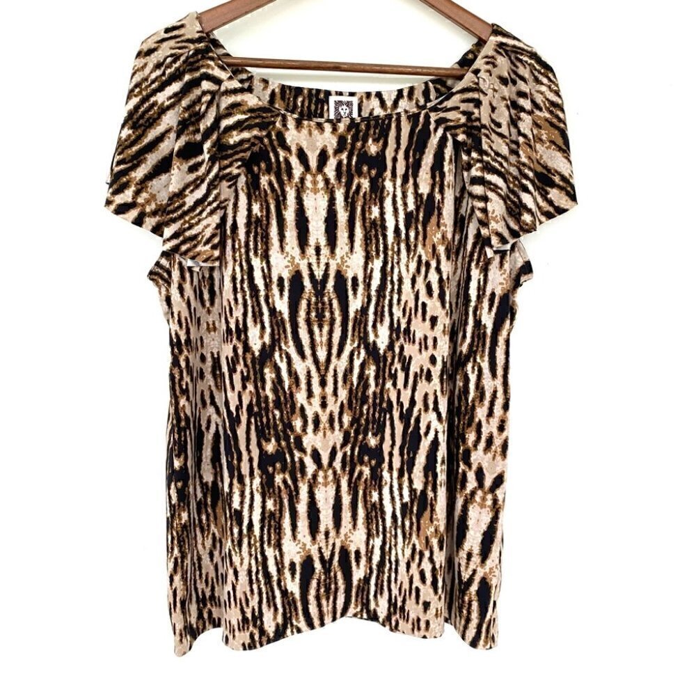 Anne Klein stretch jersey top with fluttery cap sleeves, animal print, plus size